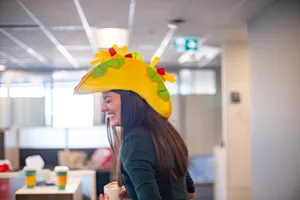 The Ally Co. brand photo containing funny,taco,hat,smiling,happy