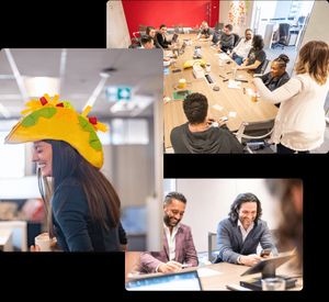 The Ally Co. (TACO) team members facilitating group sessions with fun taco hats on. 