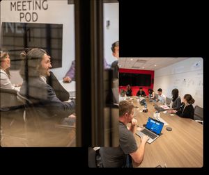 Photos showing people gathered in meeting rooms, discussing leadership and culture.