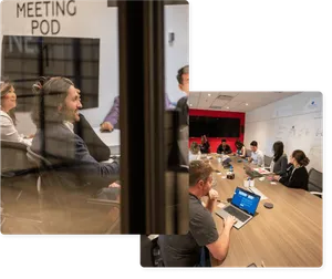Photos showing people gathered in meeting rooms, discussing leadership and culture.